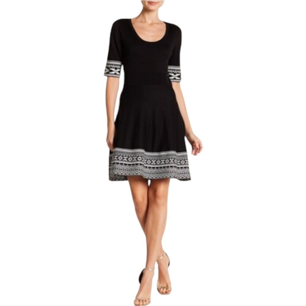 Nina Leonard -1204‎ Border Short Sleeve Fit & Flare Sweater Dress Black Aztec M